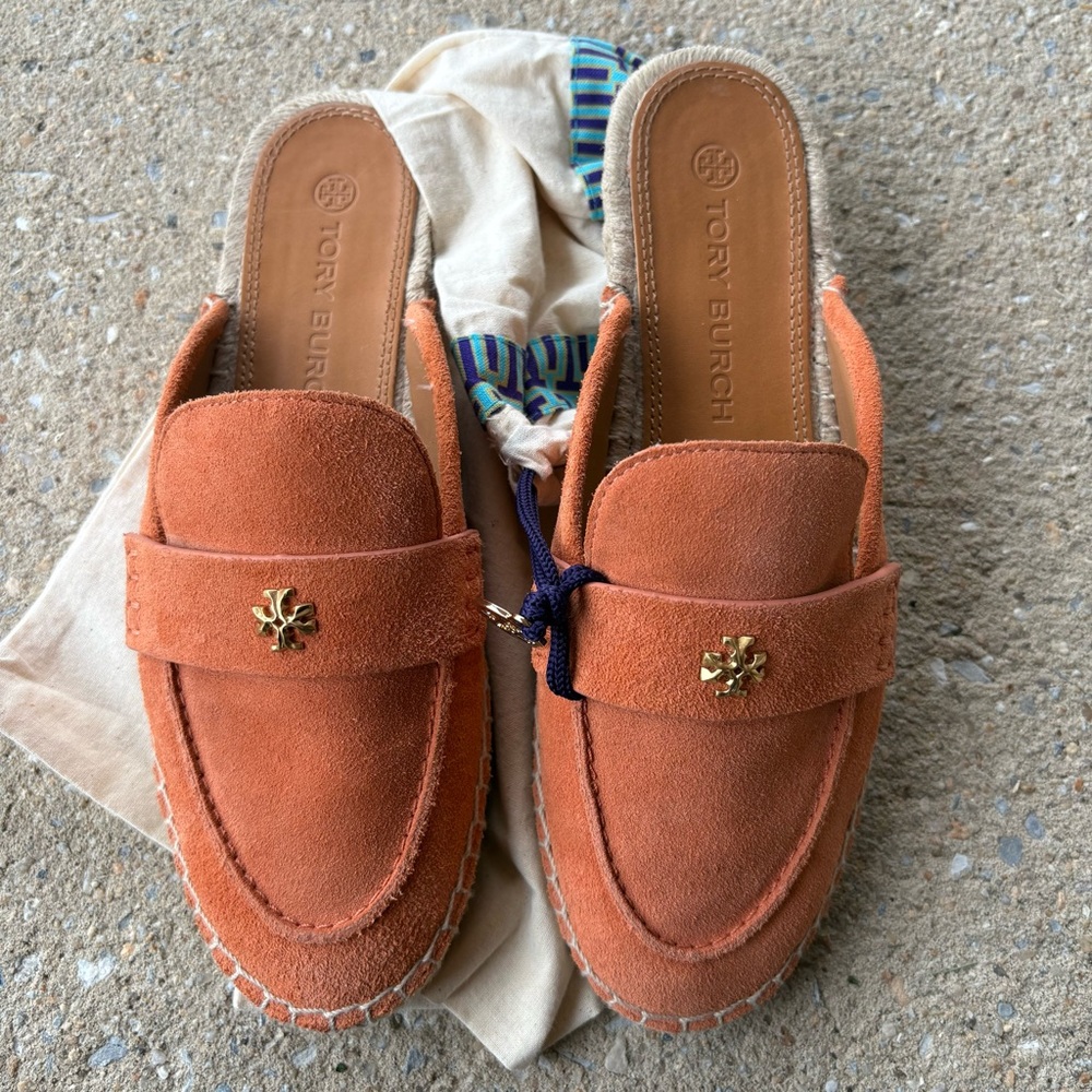 Tory Burch Orange Suede Mule Loafers with Gold Logo